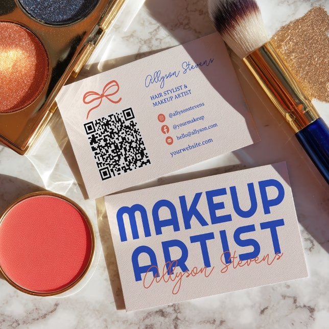 Carte De Visite Code QR de maquilleuse Retro Bleu Orange (Retro Blue Orange Makeup Artist QR Code Business Card)