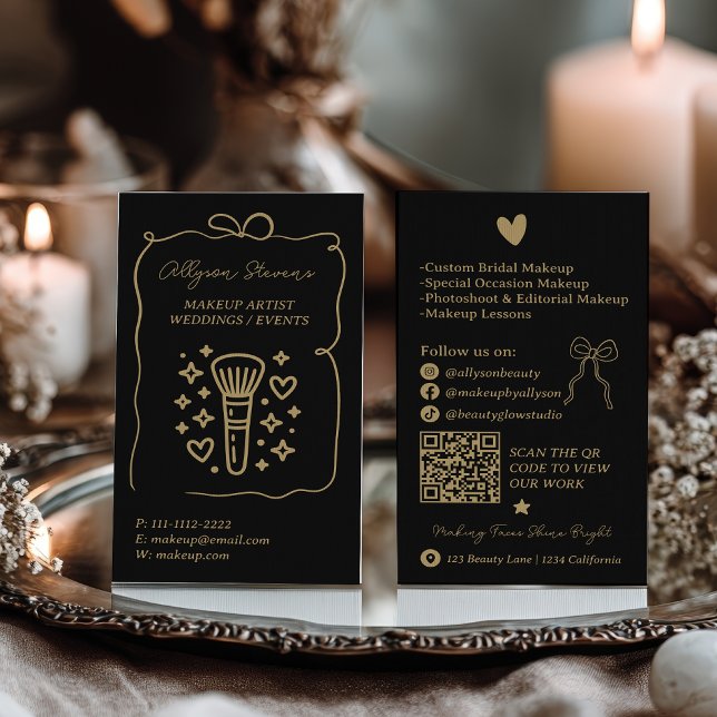 Carte De Visite Code QR de maquilleuse Retro Gold Black Doodles (Retro Gold Black Doodles Makeup Artist QR Code Business Card)