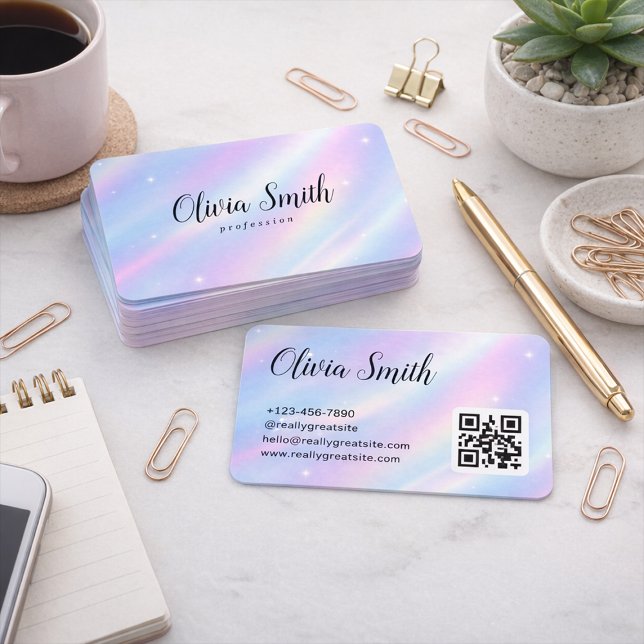Carte De Visite Code QR de marque de script iridescent pastel élég (Créateur téléchargé)