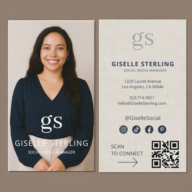 Carte De Visite Code QR de médias sociaux de photo de monogramme d (Créateur téléchargé)