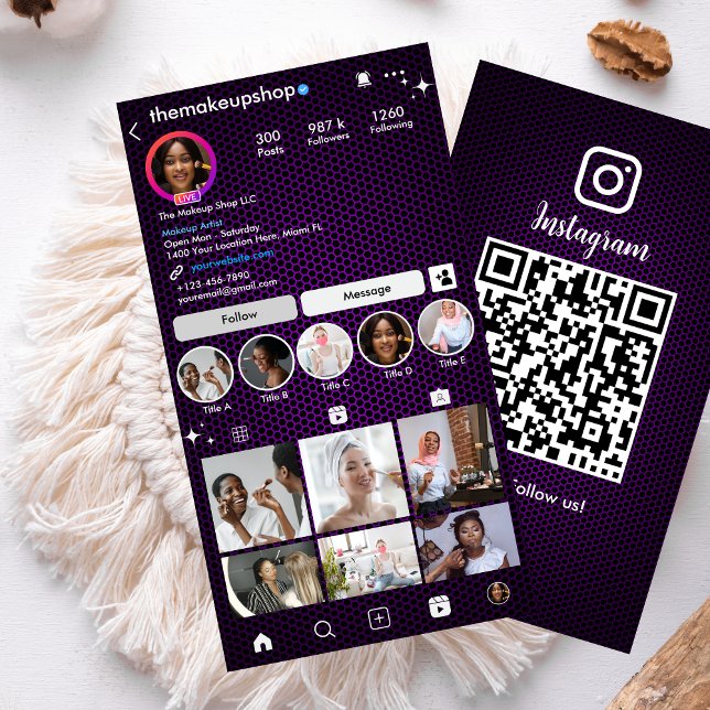 Carte De Visite Code QR de médias sociaux en nid d'abeille violet  (Créateur téléchargé)