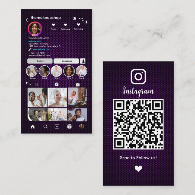 Carte De Visite Code QR de médias sociaux en nid d'abeille violet  (Devant / Derrière)