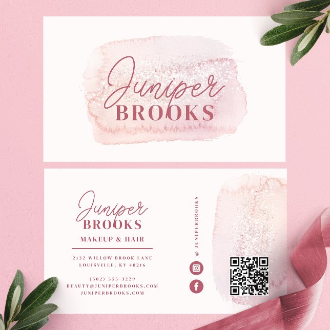 Carte De Visite Code QR de médias sociaux en rose mauve pailleté (Créateur téléchargé)