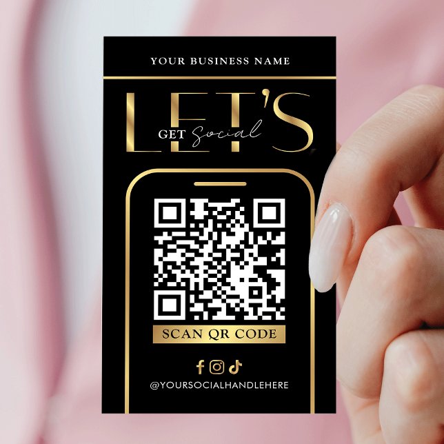 Carte De Visite Code QR de médias sociaux Logo Noir & Or (Modern black and gold QR code business cards - great to promote your social media or website)