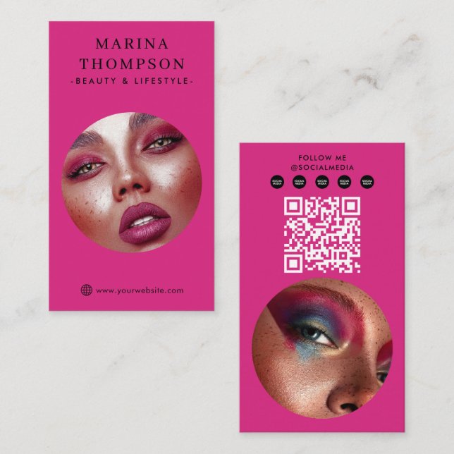 Carte De Visite Code QR de médias sociaux photo rose d'influenceur (Devant / Derrière)