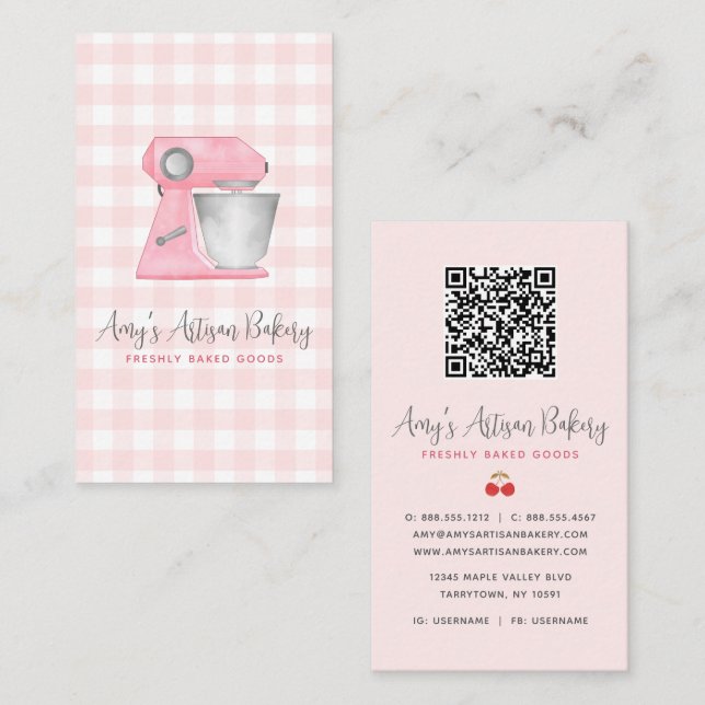 Carte De Visite Code QR de mélangeur de boulangerie à motif Gingha (Devant / Derrière)
