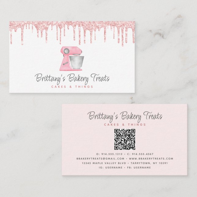 Carte De Visite Code QR de mélangeur de boulangerie rose Blush ave (Devant / Derrière)