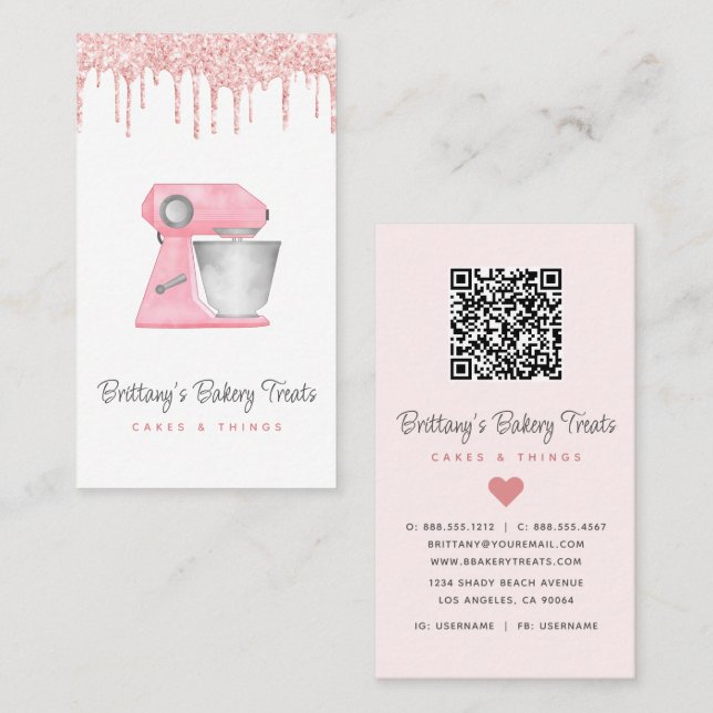Carte De Visite Code QR de mélangeur de boulangerie rose Blush ave (Devant / Derrière)