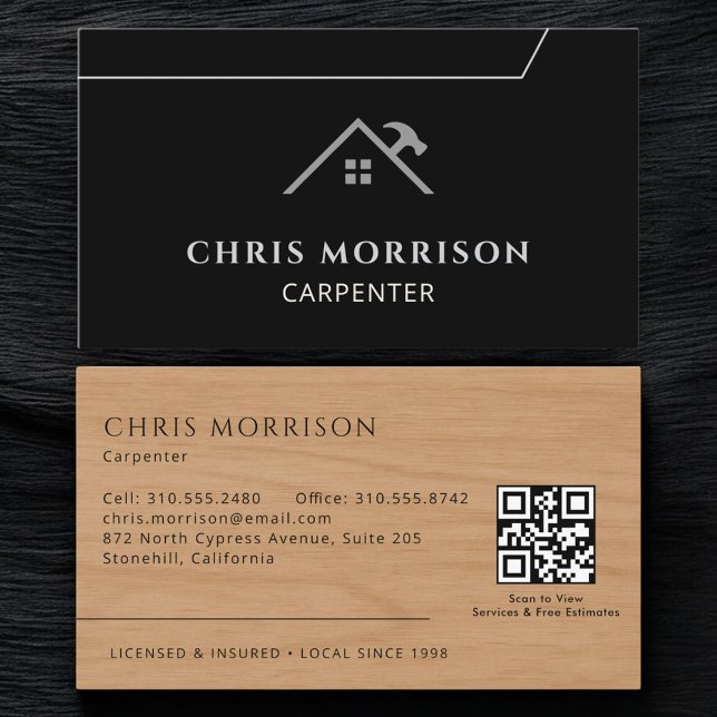 Carte De Visite Code QR de menuiserie de charpentier grain de bois (Créateur téléchargé)