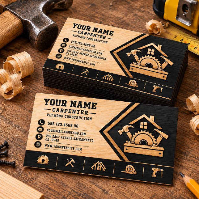 Carte De Visite Code QR de menuisier moderne en bois (Créateur téléchargé)