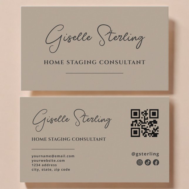 Carte De Visite Code QR de mise en scène de maison neutre taupe Sc (Créateur téléchargé)