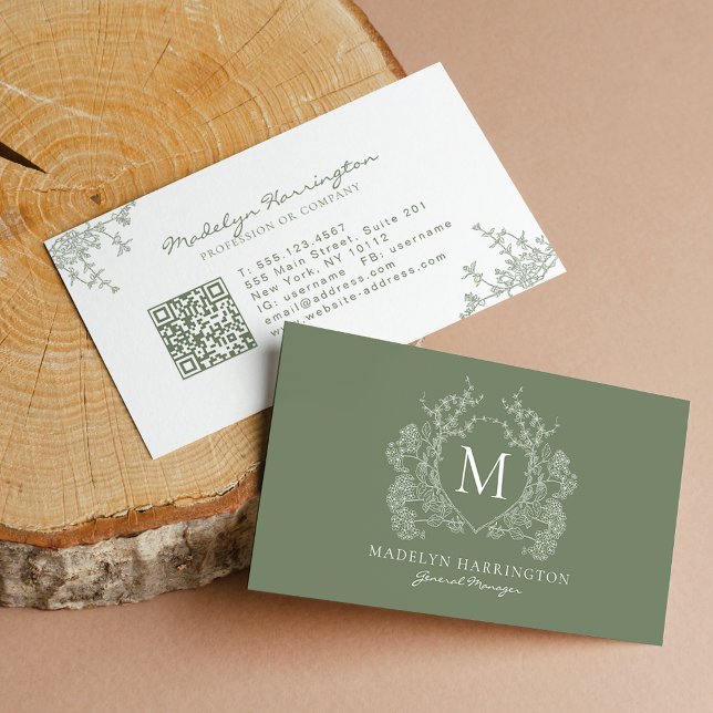 Carte De Visite Code QR de monogramme à couronne florale vert saug (Créateur téléchargé)