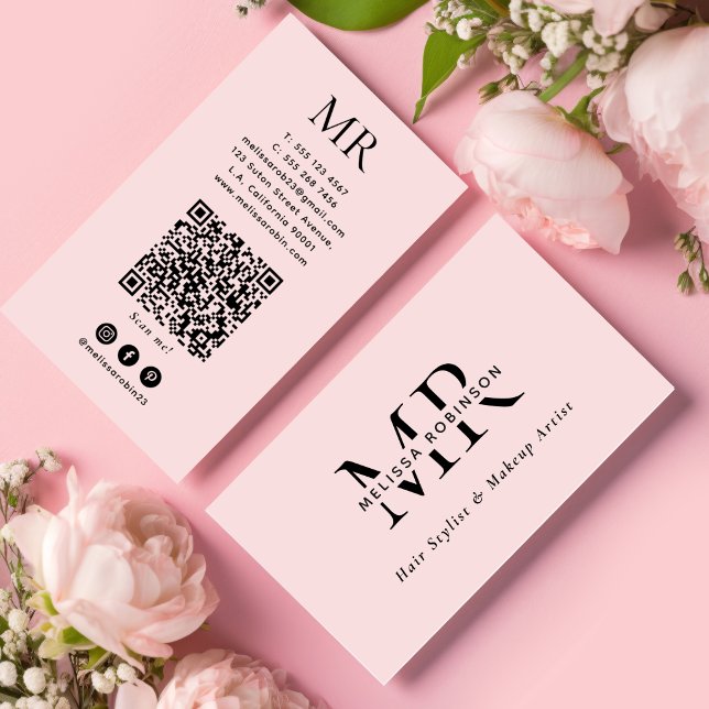 Carte De Visite Code QR de monogramme de coiffeur Rose Fille (Créateur téléchargé)