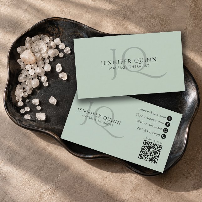 Carte De Visite Code QR de monogramme de thérapeute en massage min (Créateur téléchargé)