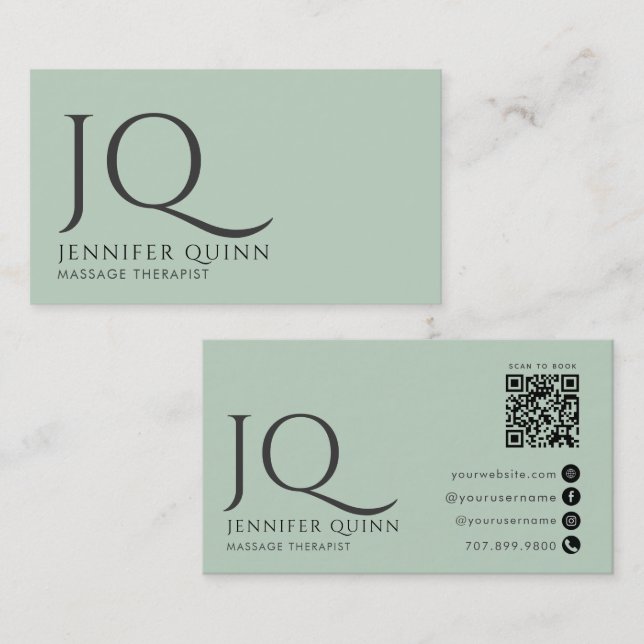 Carte De Visite Code QR de monogramme de thérapeute en massage min (Devant / Derrière)