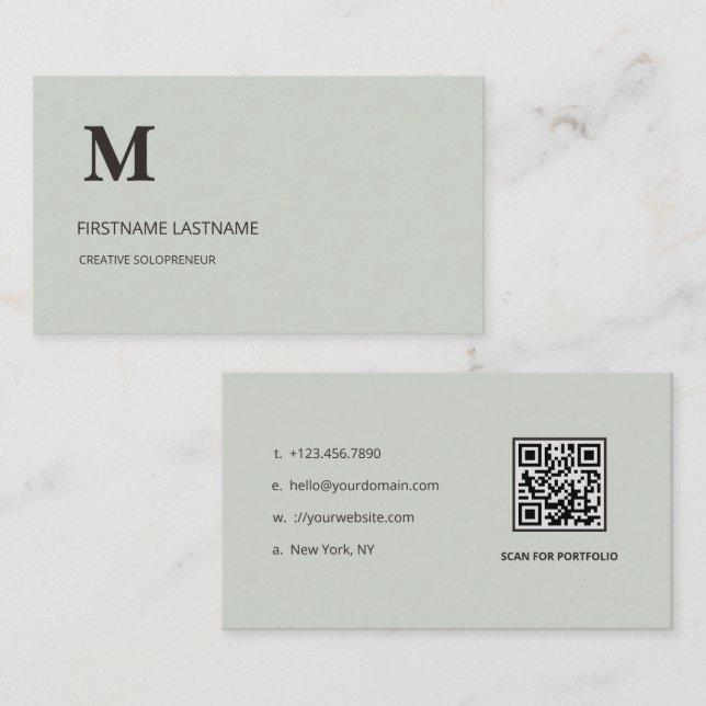 Carte De Visite Code QR de monogramme d'entreprise vert sauge mini (Devant / Derrière)