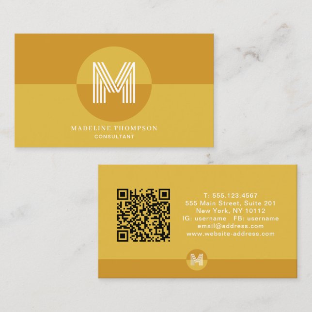 Carte De Visite Code QR de monogramme géométrique jaune moutarde r (Devant / Derrière)