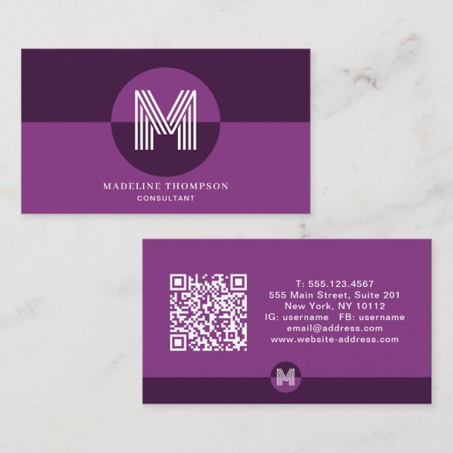 Carte De Visite Code QR de monogramme géométrique moderne violet p (Devant / Derrière)