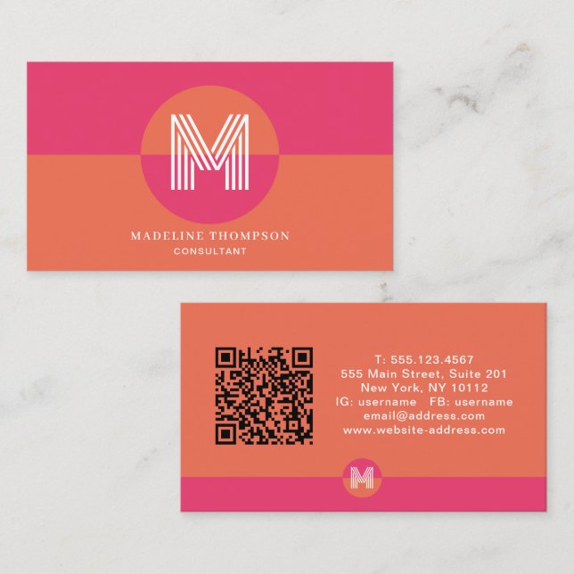 Carte De Visite Code QR de monogramme géométrique rose orange rétr (Devant / Derrière)