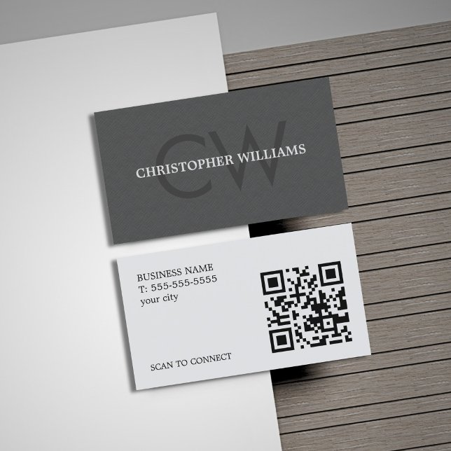 Carte De Visite Code QR de monogramme gris à texture élégante mode (Créateur téléchargé)