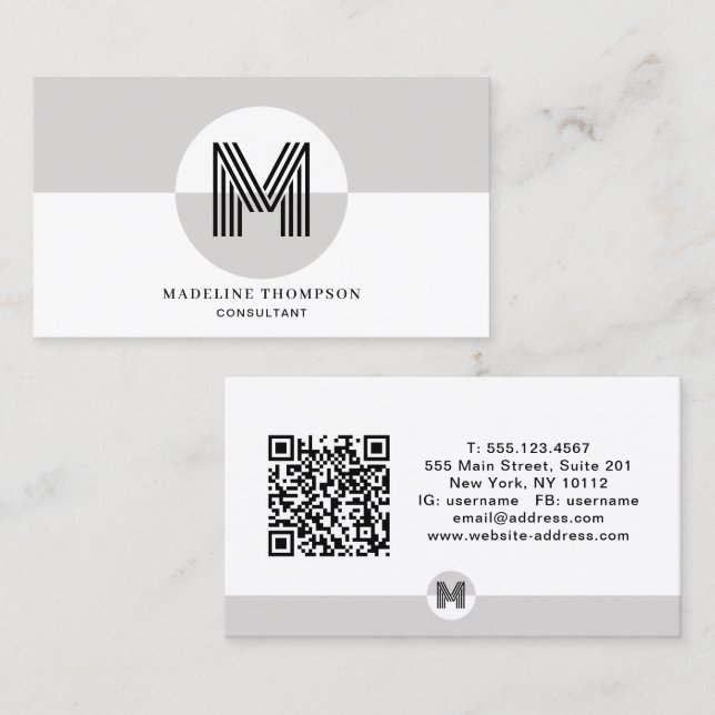 Carte De Visite Code QR de monogramme moderne géométrique noir et  (Devant / Derrière)
