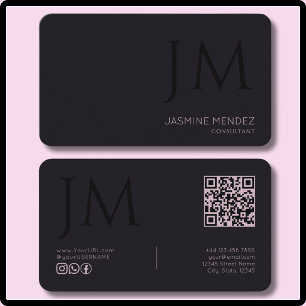 Carte De Visite Code QR de monogramme moderne lavande noir prune f
