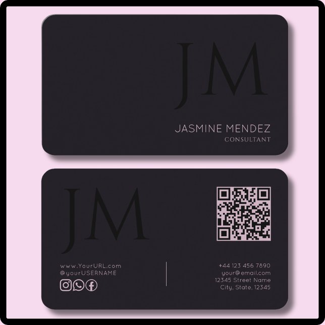 Carte De Visite Code QR de monogramme moderne lavande noir prune f (Créateur téléchargé)