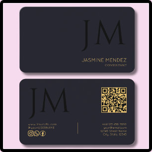 Carte De Visite Code QR de monogramme moderne noir indigo profond 