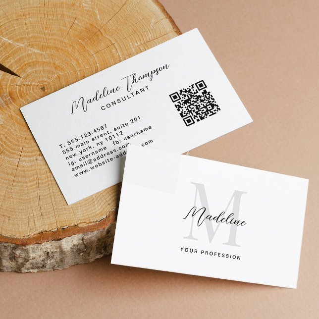 Carte De Visite Code QR de monogramme noir noir (Créateur téléchargé)