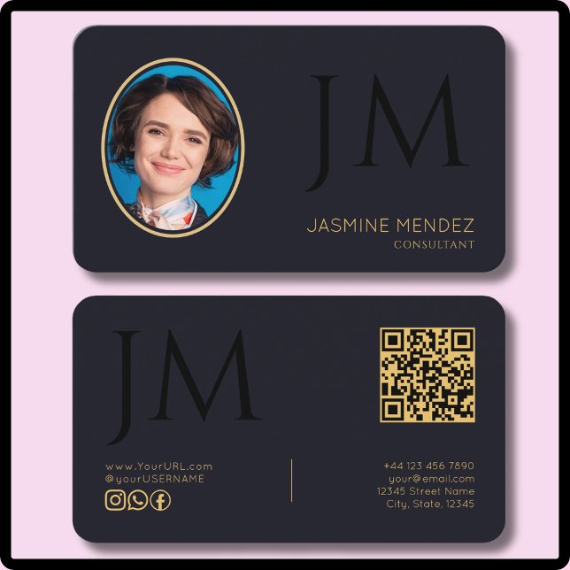 Carte De Visite Code QR de monogramme photo noir or indigo profond (Créateur téléchargé)