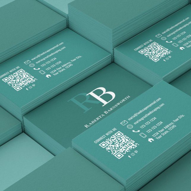 Carte De Visite Code QR de monogramme sarcelle élégant professionn (Elegant teal monogram business card stack showcasing a professional branding design with custom init)