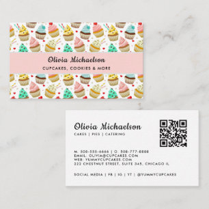 Carte De Visite Code QR de motif de cupcake mignon Boulangerie Pât