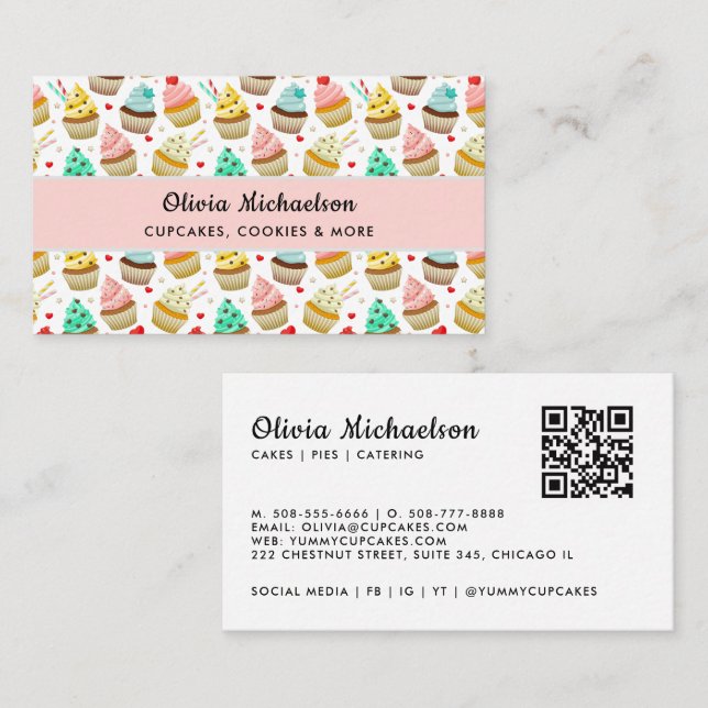 Carte De Visite Code QR de motif de cupcake mignon Boulangerie Pât (Devant / Derrière)