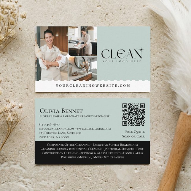 Carte De Visite Code QR de nettoyage de maison de bonne élégante d (Luxury Elegant Maid House Cleaning Photo QR Code Business Card)