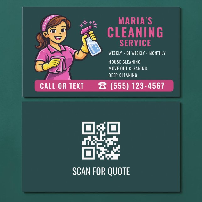 Carte De Visite Code QR de nettoyage de maison sarcelle vert rose (Créateur téléchargé)