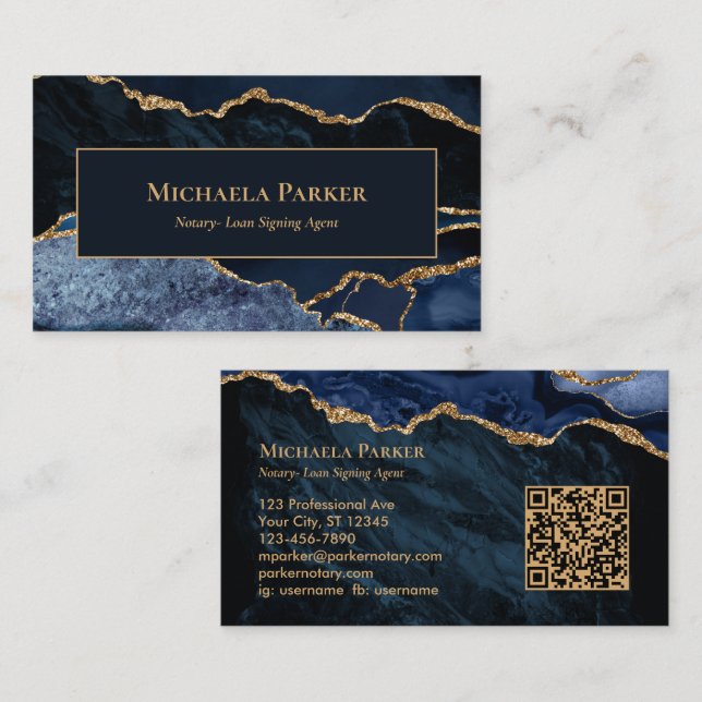 Carte De Visite Code QR de notaire professionnel en agate or bleu  (Devant / Derrière)