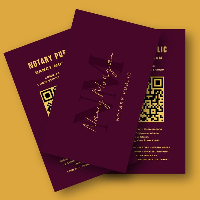 Carte De Visite Code QR de notaire public avec monogramme bordeaux (Créateur téléchargé)