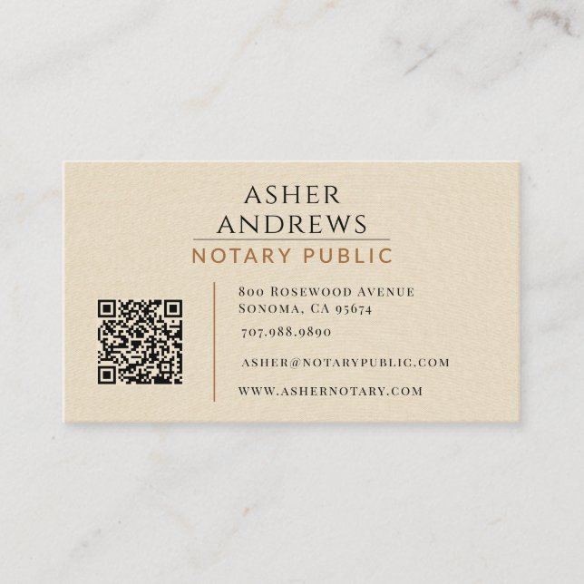 Carte De Visite Code QR de notaire public en lin faux moderne (Devant)