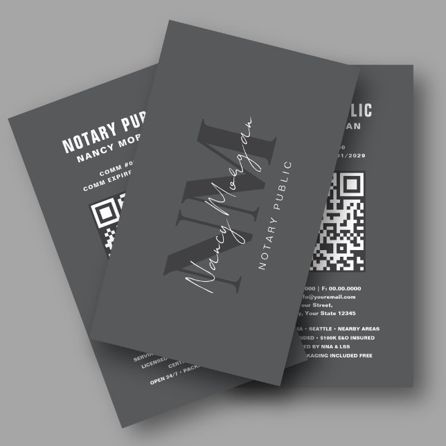 Carte De Visite Code QR de notaire public monogramme gris foncé mo (Créateur téléchargé)