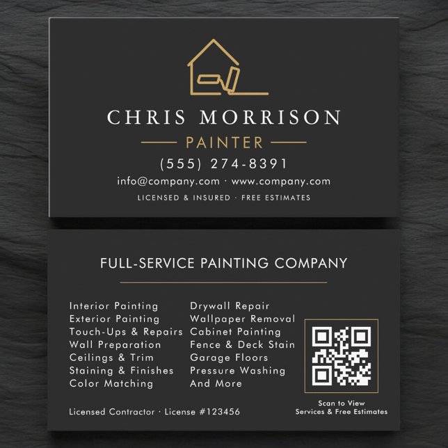 Carte De Visite Code QR de peintre de maison moderne noir or (Créateur téléchargé)