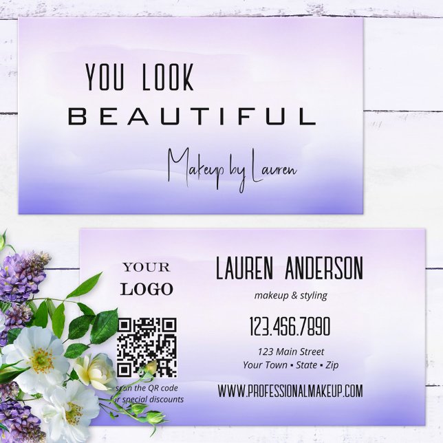 Carte De Visite Code QR de peinture lilas professionnel Beauté (Créateur téléchargé)