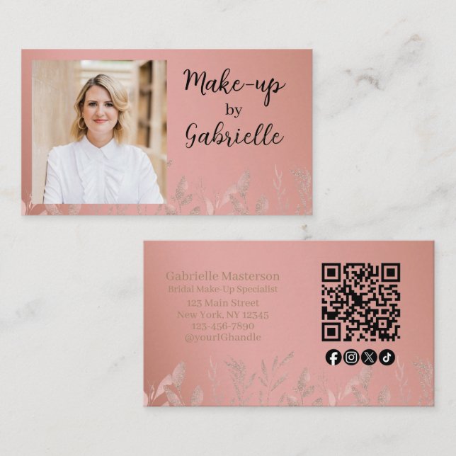 Carte De Visite Code QR de photo boho rose poussiéreuse botanique  (Devant / Derrière)