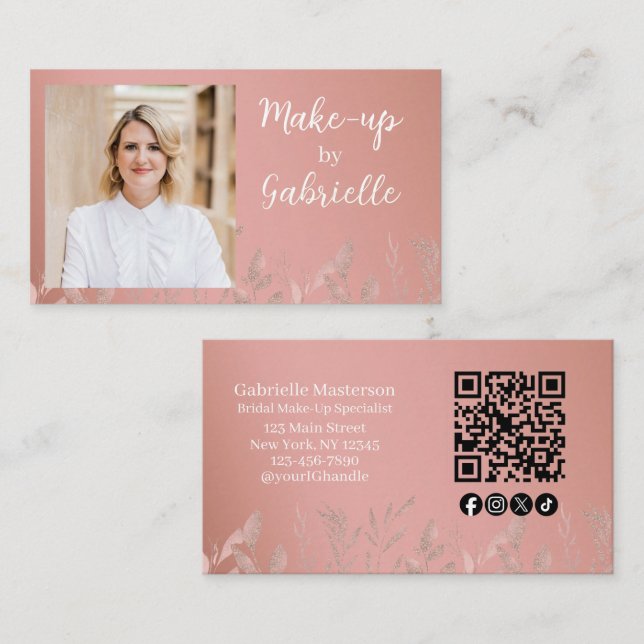 Carte De Visite Code QR de photo boho rose poussiéreuse botanique  (Devant / Derrière)