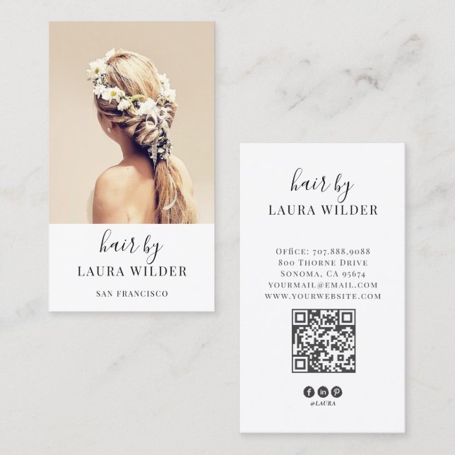 Carte De Visite Code QR de photo de coiffeur moderne  (Devant / Derrière)