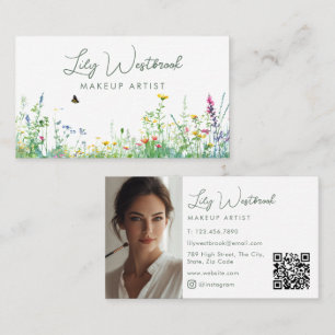 Carte De Visite Code QR de photo de fleurs sauvages à l'aquarelle 