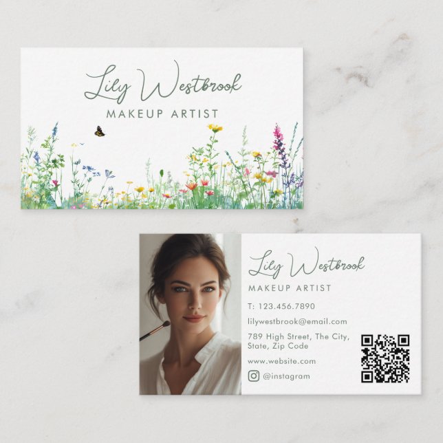 Carte De Visite Code QR de photo de fleurs sauvages à l'aquarelle  (Devant / Derrière)