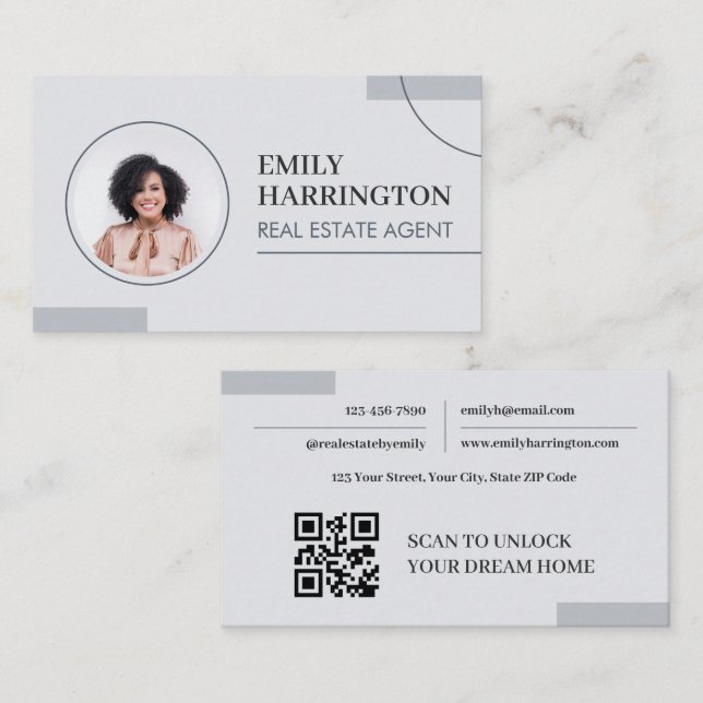 Carte De Visite Code QR de photo de lignes fines Agent immobilier  (Devant / Derrière)