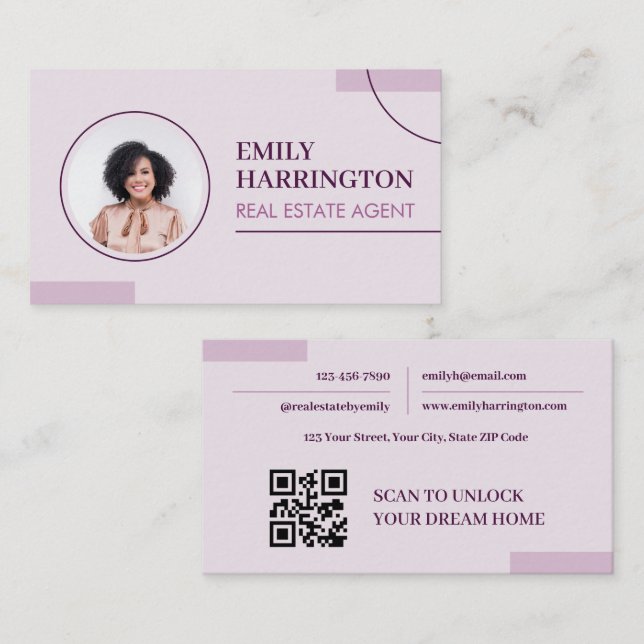 Carte De Visite Code QR de photo de lignes fines Agent immobilier  (Devant / Derrière)