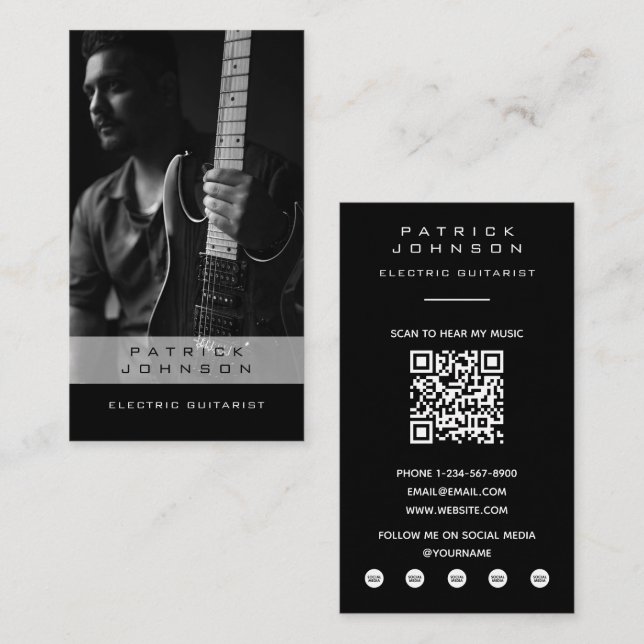 Carte De Visite Code QR de photo de musicien guitariste électrique (Devant / Derrière)