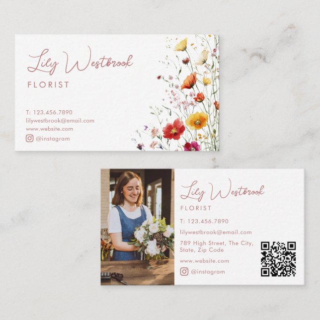 Carte De Visite Code QR de photo de script de fleur sauvage à l'aq (Devant / Derrière)